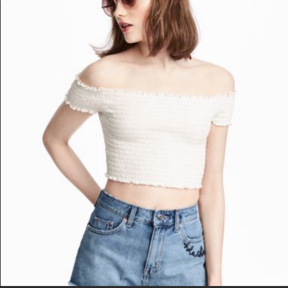 H&M Shirred Off the Shoulder Crop Top